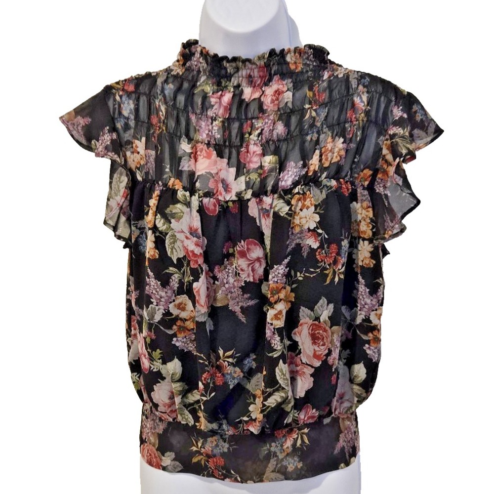 Olivaceous Women's Lined‎ Blouse Cap Sleeve Smocked Ruffed Back Tie Floral S